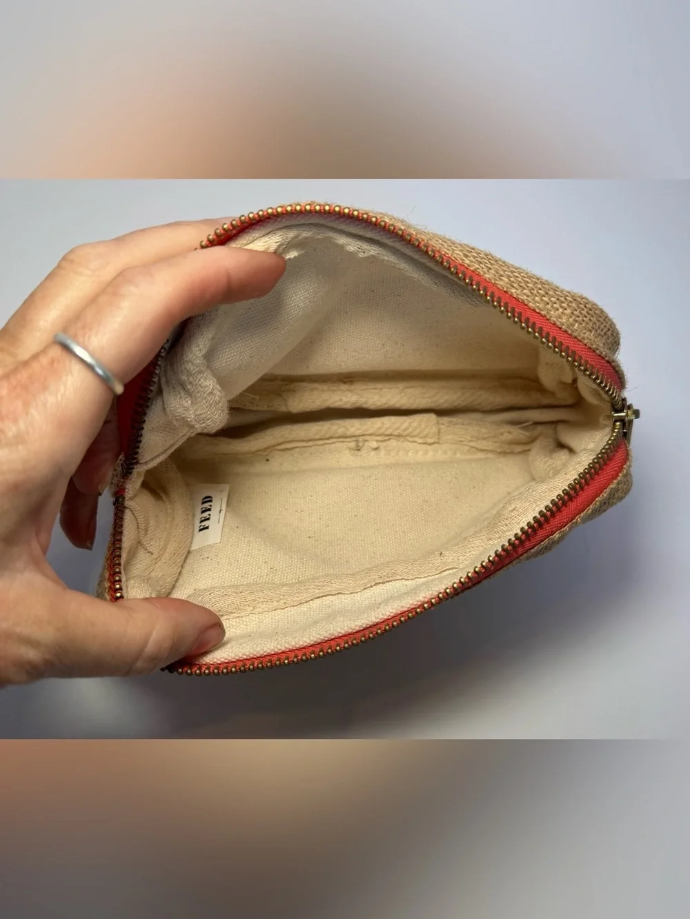 FEED Projects Natural Burlap Jute Cosmetic Pouch Makeup Travel Bag
